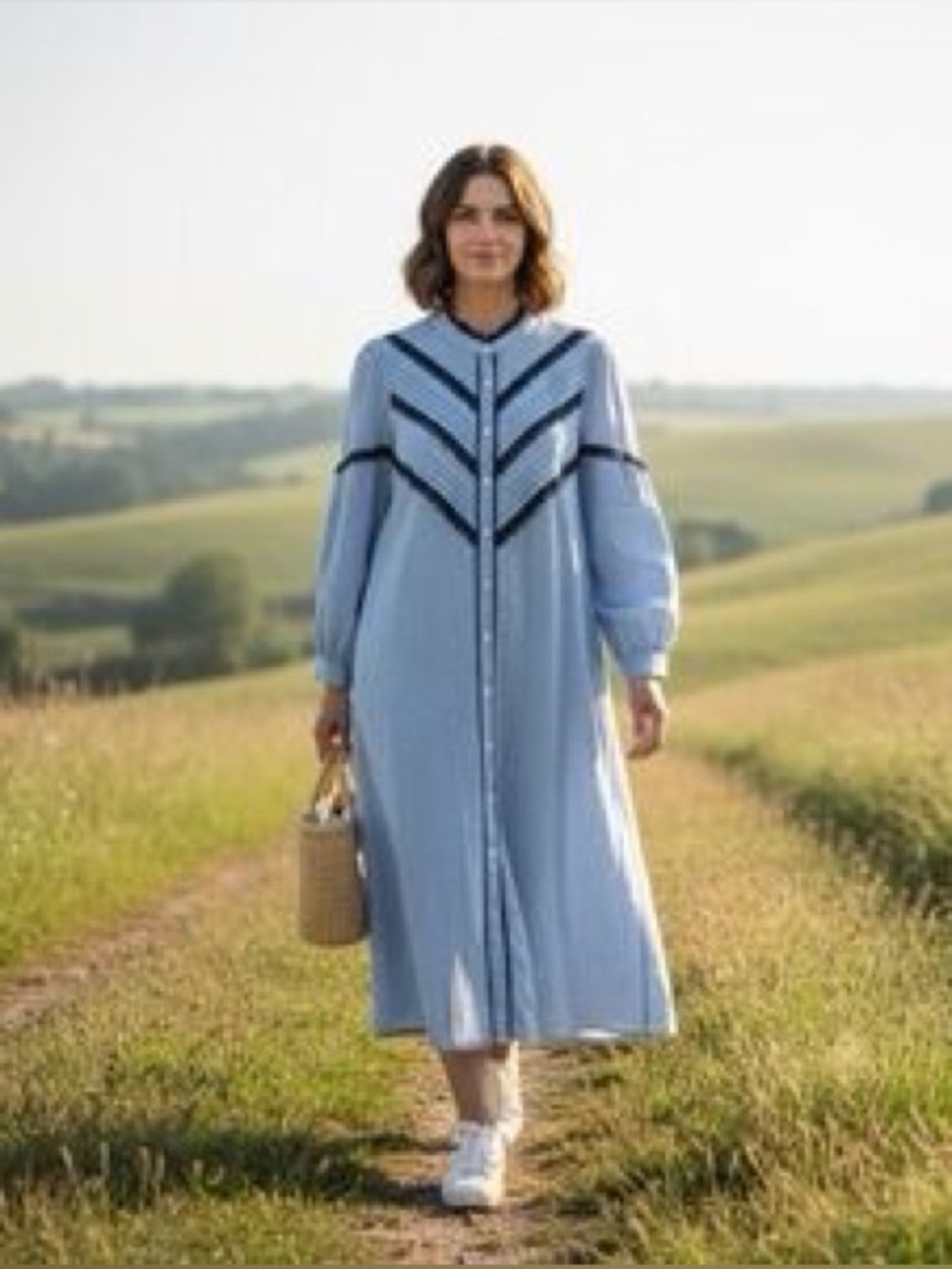Pomander Place Tuckernuck Jolene Chambray Midi Dress Button Front Lace Linen